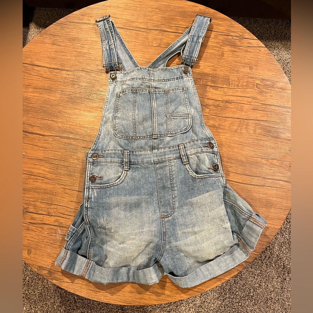 Blue Denim Overalls Shorts with Distressed Finish